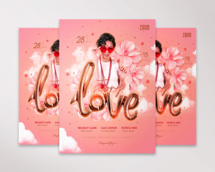 Pink Valentine's Day Flyer with flowers Pink Valentine's Day Flyer with flowers