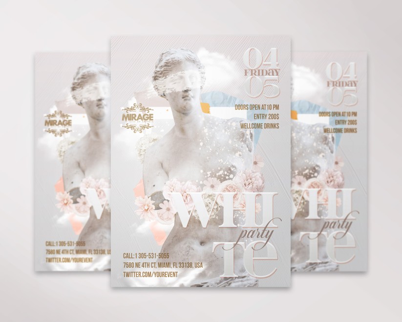 white party flyer design with statue white party flyer design with statue