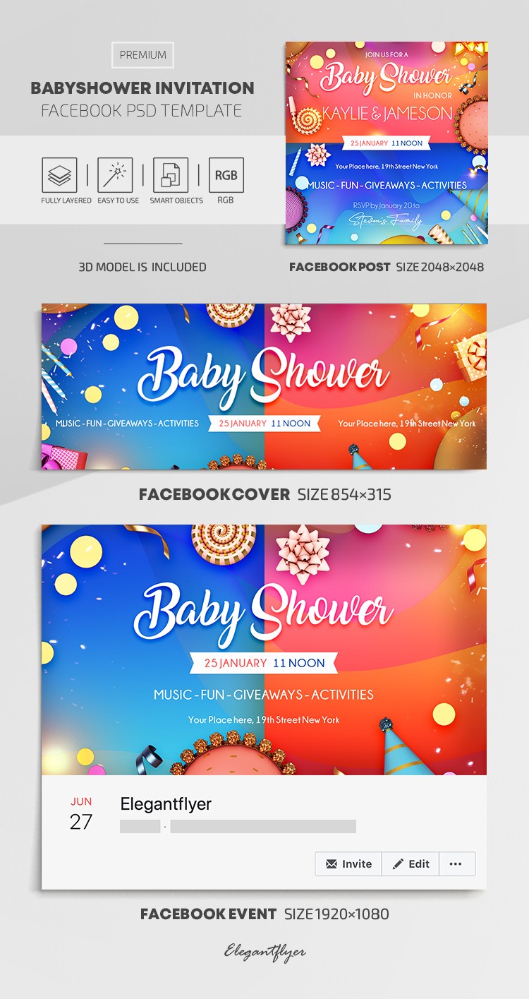 Baby Shower Facebook translation into French: Baby Shower sur Facebook by ElegantFlyer