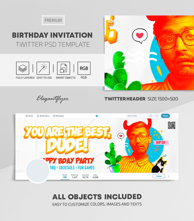 Invitación de cumpleaños de amigo en Twitter. by ElegantFlyer