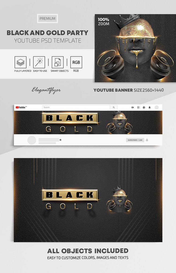 Schwarze und Gold Party Youtube by ElegantFlyer
