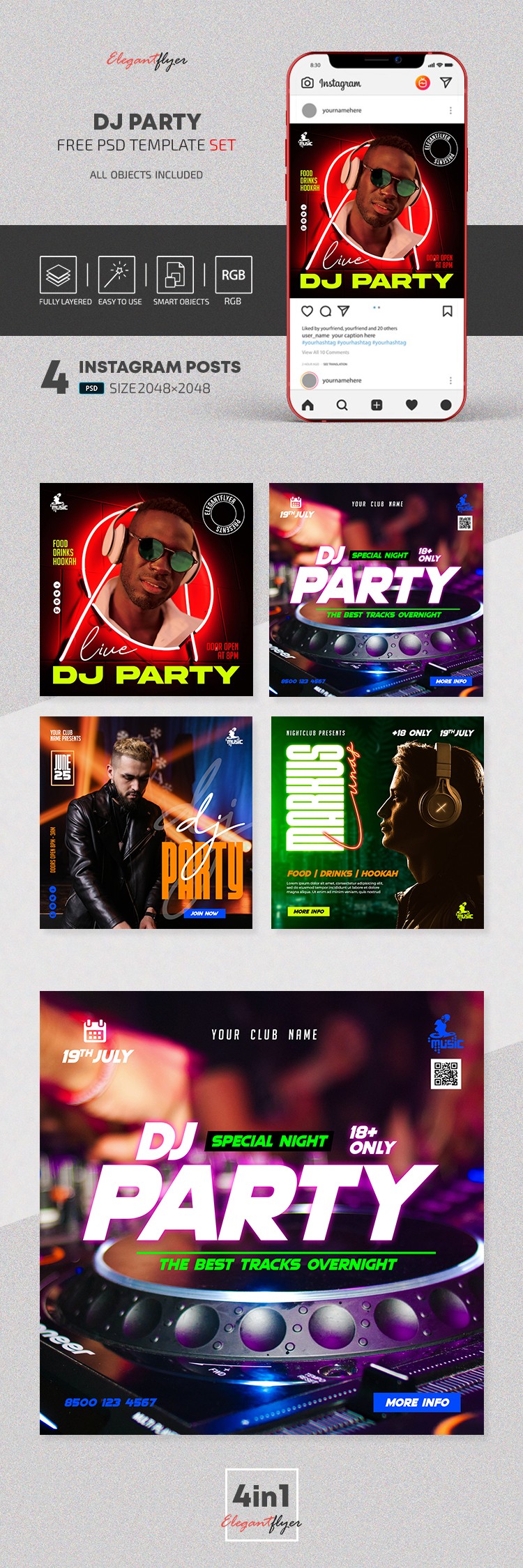 DJ Party - Free Instagram Post Templates Set in PSD by ElegantFlyer