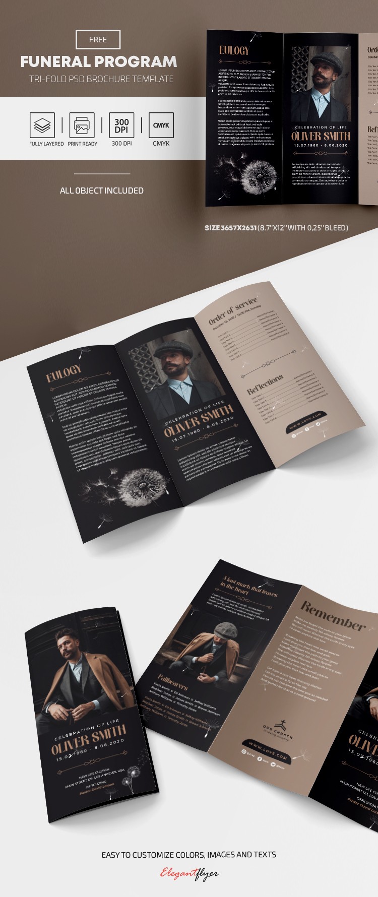 Brown Dark Dandelion Funeral Program Free Brochure Template PSD | by Elegantflyer