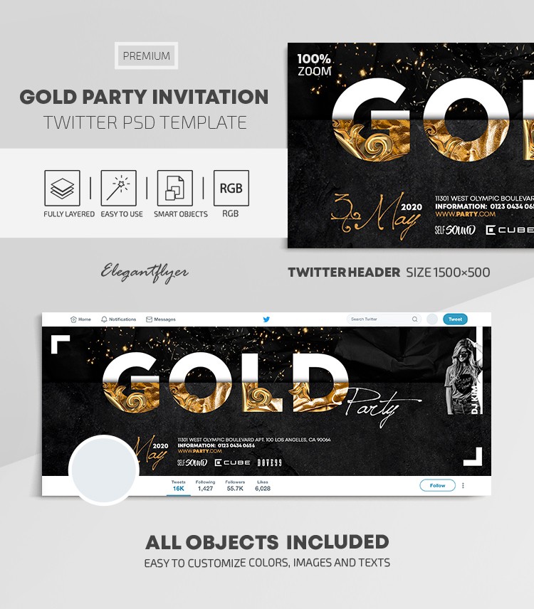 Gold Party Invitation Twitter by ElegantFlyer