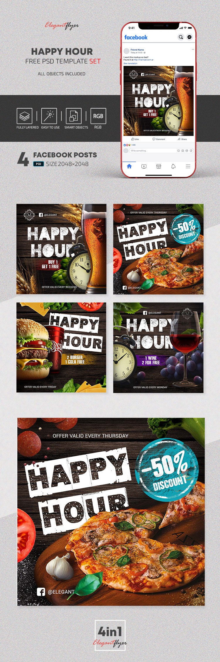 Happy Hour - Free Facebook Post Templates Set in PSD by ElegantFlyer