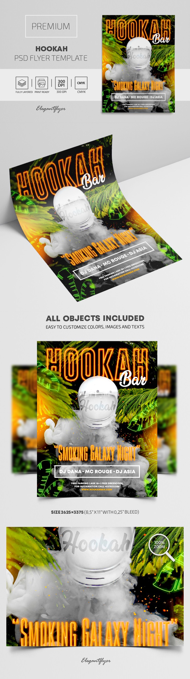 Hookah Flyer: Hookah-Nacht mit exotischer Atmosphäre, köstlichen Aromen und Live-Musik. Kommen Sie vorbei und genießen Sie eine entspannte Zeit mit Freunden. by ElegantFlyer
