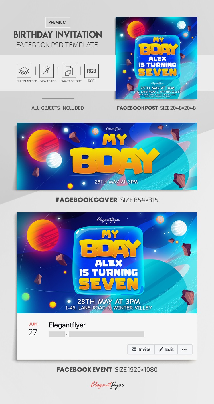 Invito di compleanno per bambini spaziali - Facebook by ElegantFlyer