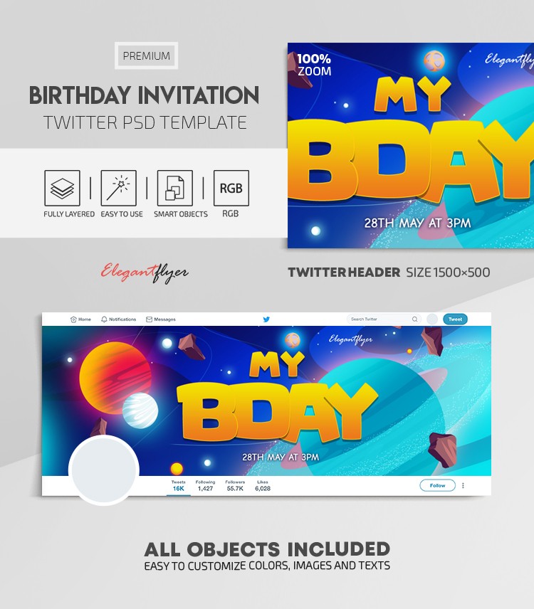 Invitación de cumpleaños para niños del espacio en Twitter by ElegantFlyer