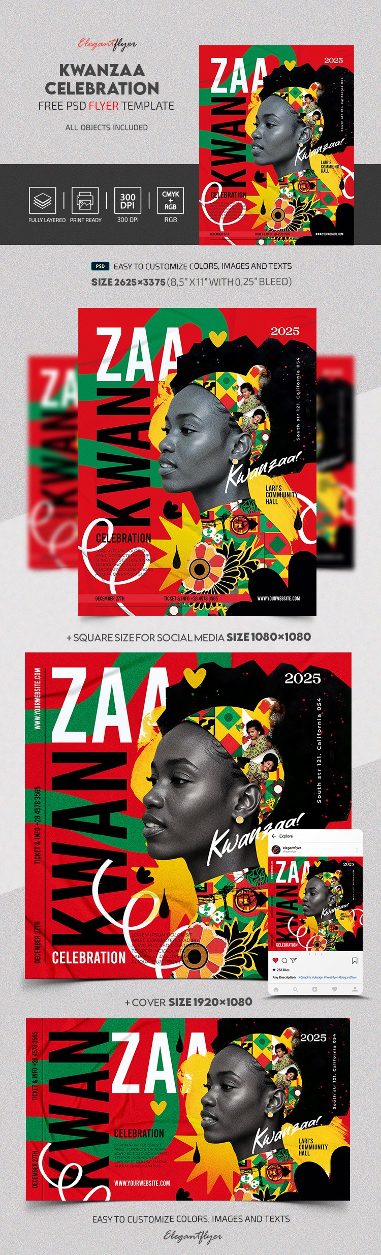 Red Abstract Kwanzaa Celebration Free Flyer Template PSD | by Elegantflyer