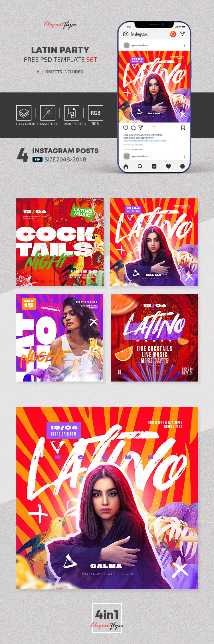 Latino Party - Free Instagram Post Templates Set in PSD by ElegantFlyer