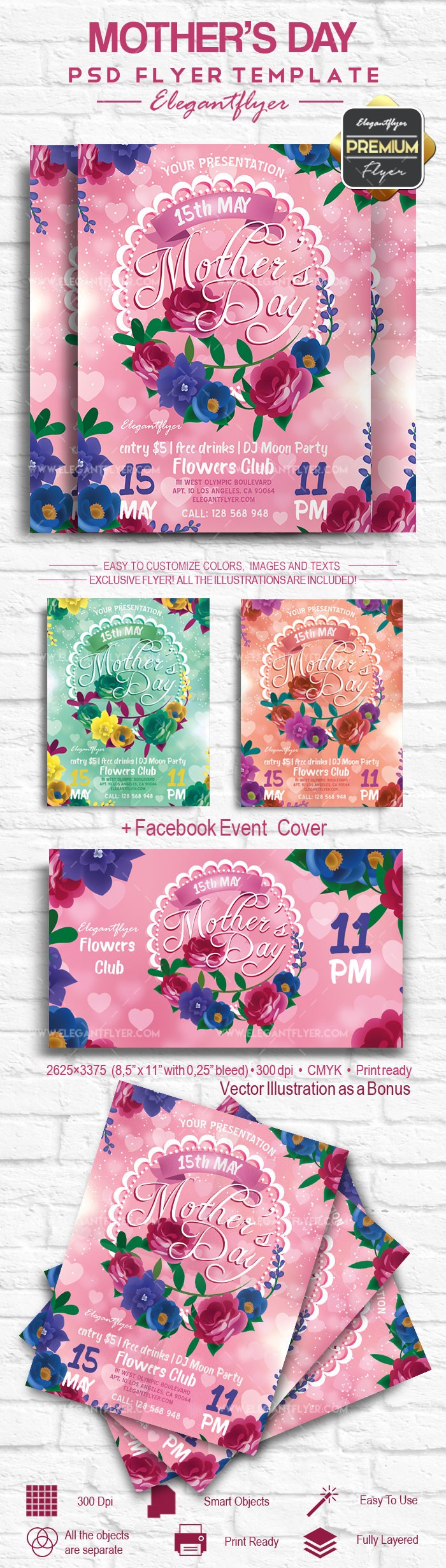 Pink Floral & Plants Illustrated Mother's Day Premium Flyer Template PSD