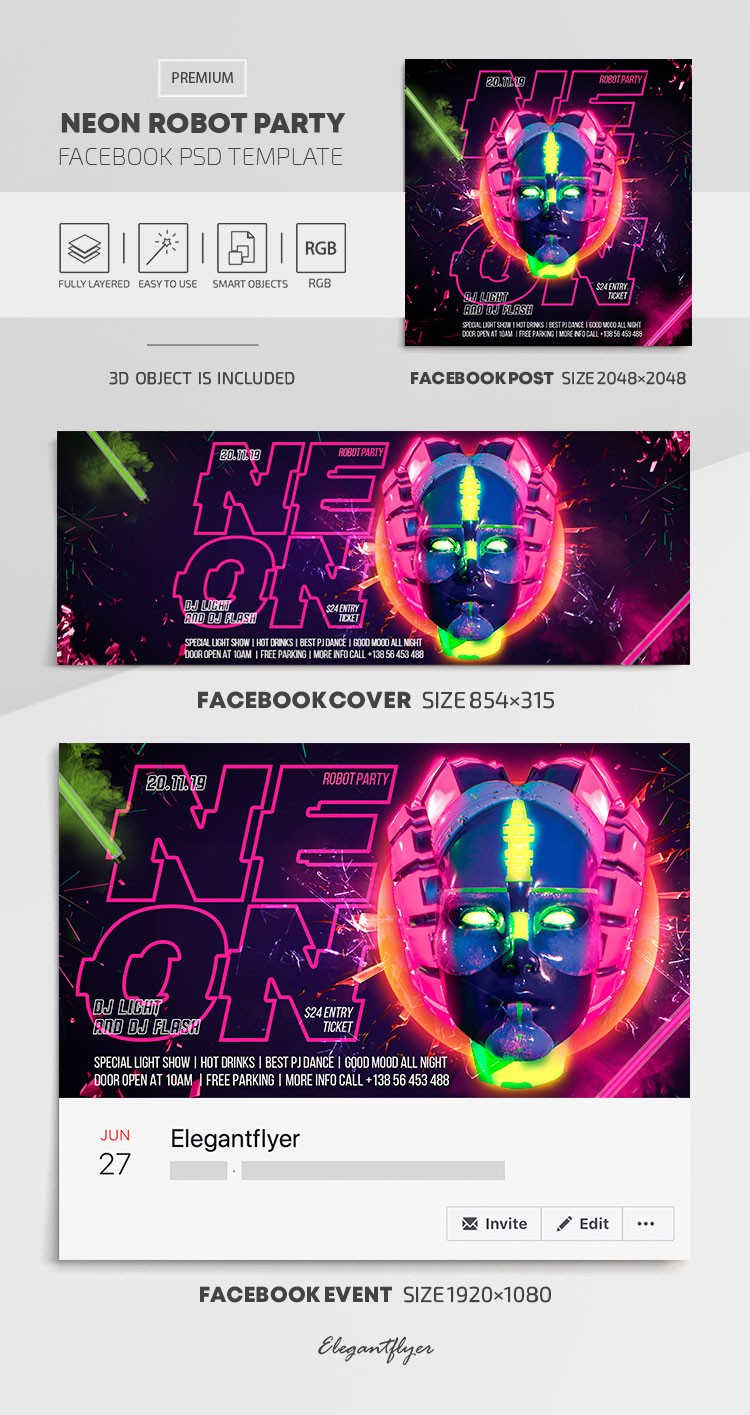 Neon Robot Party Facebook by ElegantFlyer