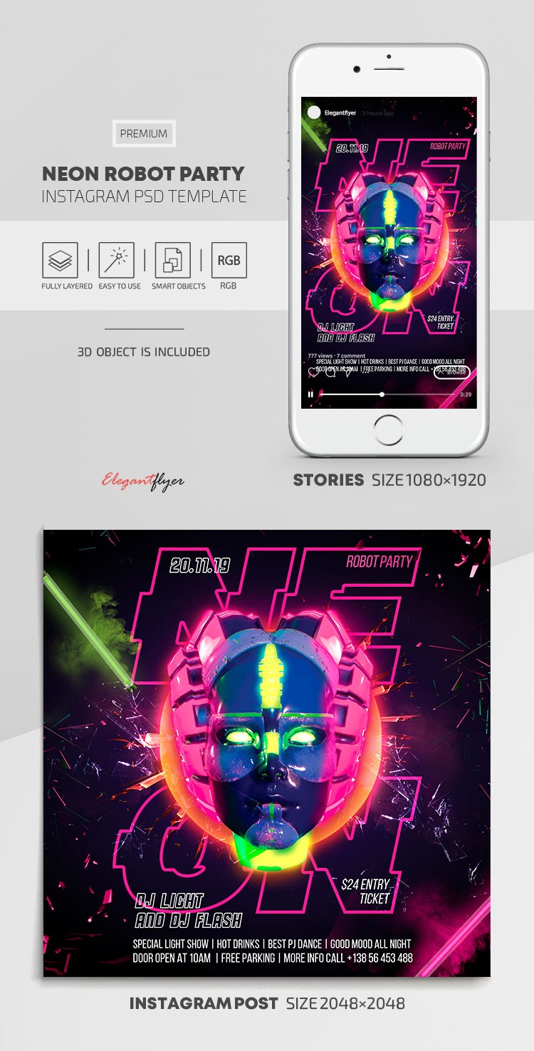 Neon Robot Party Instagram by ElegantFlyer
