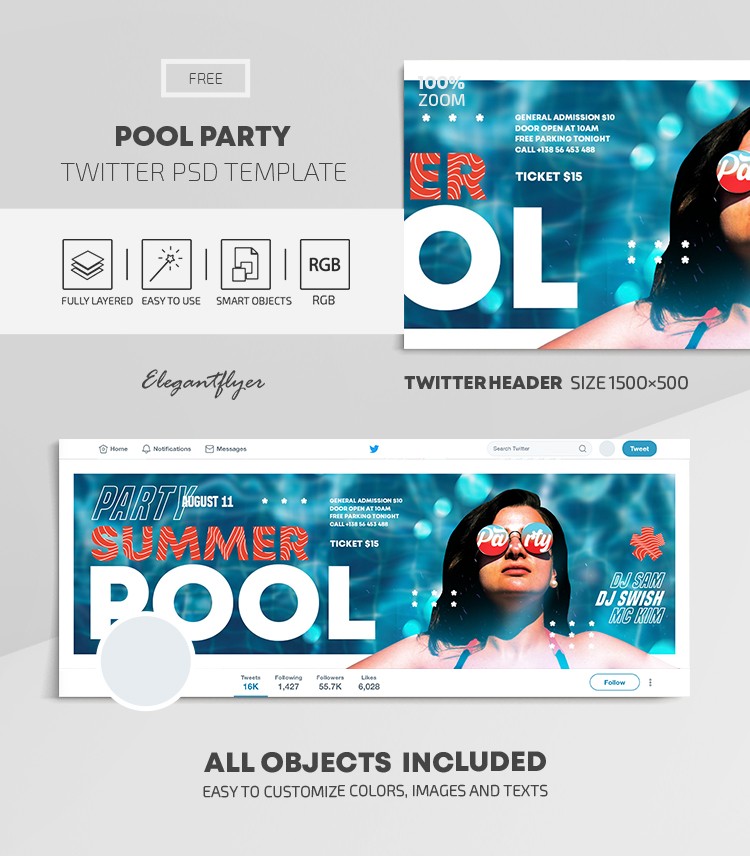 Pool Party Twitter -> Fête de la piscine Twitter by ElegantFlyer