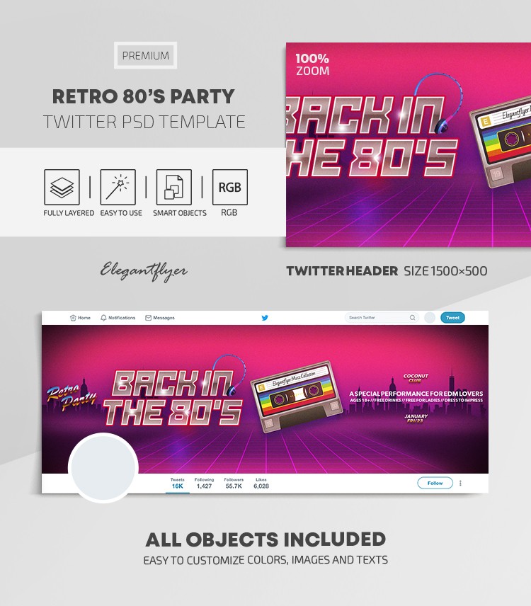 Retro 80's Party Twitter by ElegantFlyer