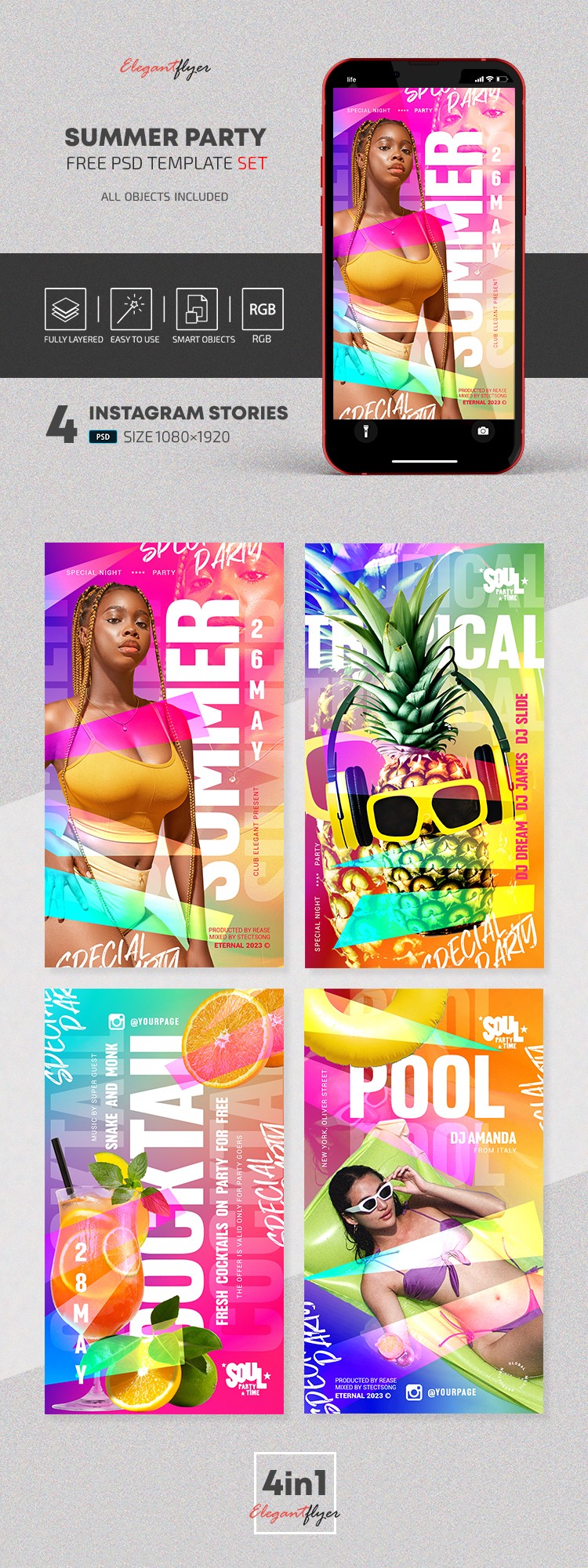 Summer Party - Free Instagram Stories Template Set in PSD by ElegantFlyer