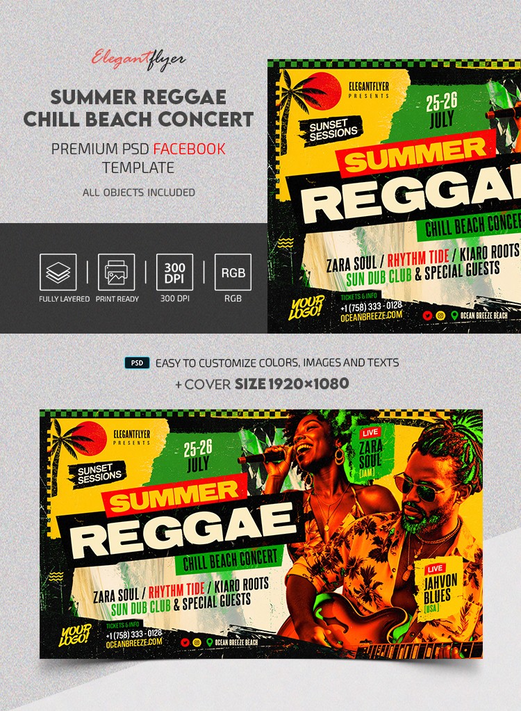 Summer Reggae & Chill Beach Concert Facebook Post by ElegantFlyer
