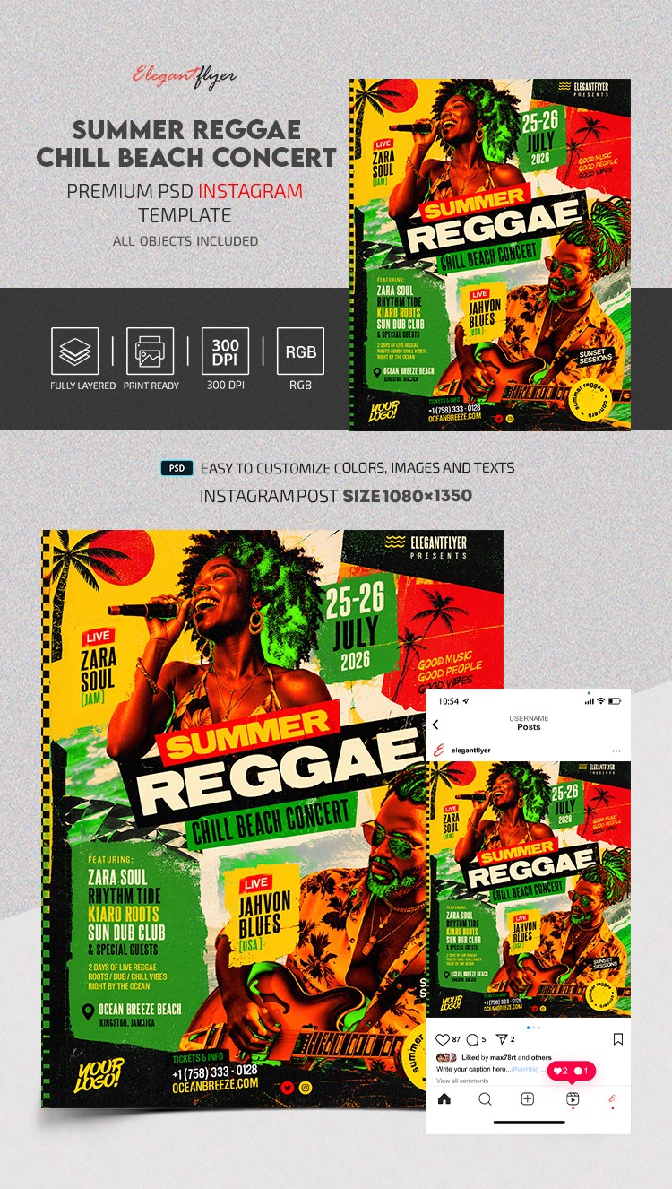 Summer Reggae & Chill Beach Concert Instagram Post by ElegantFlyer