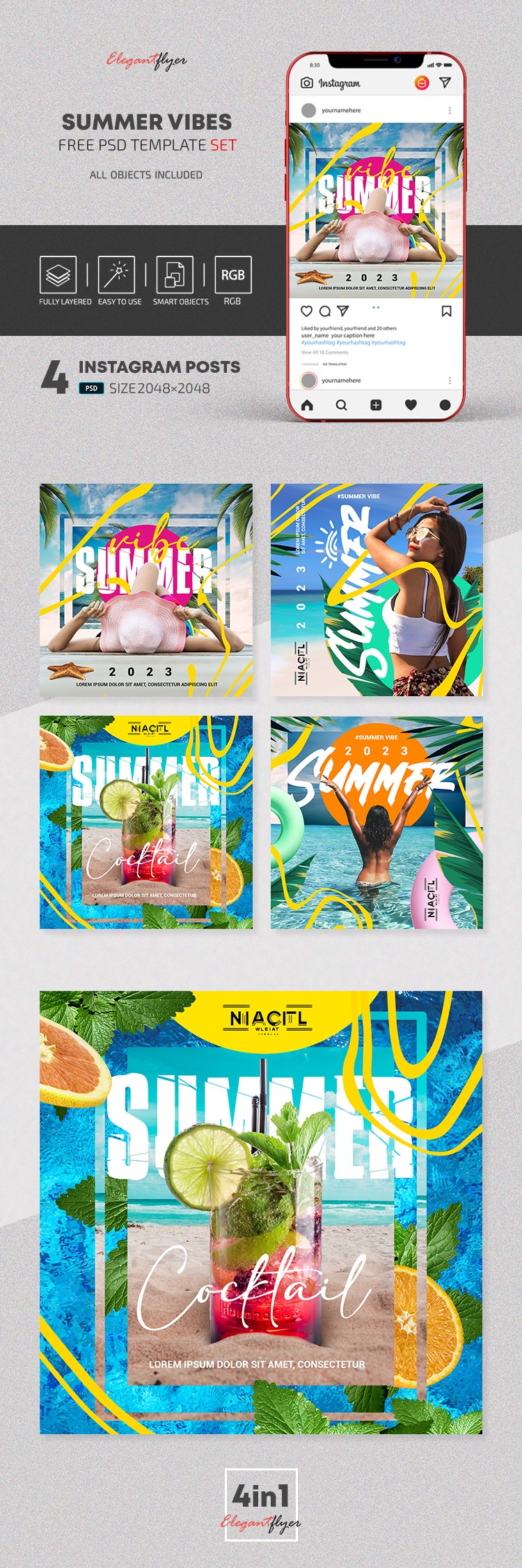 Summer Vibes - Free Instagram Post Templates Set in PSD by ElegantFlyer