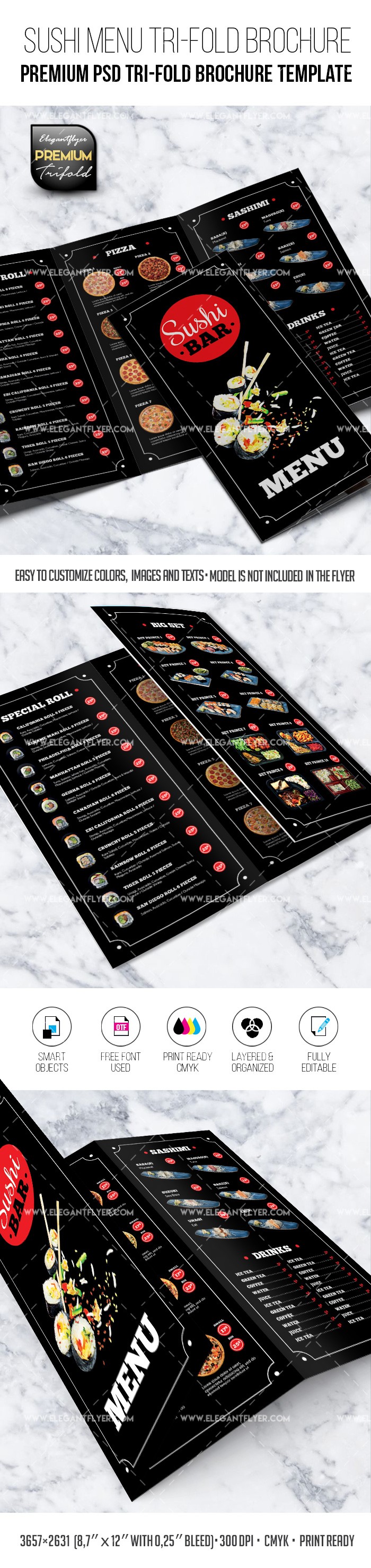 Menu do restaurante de sushi - Modelo de folheto em PSD premium em formato de três dobras. by ElegantFlyer