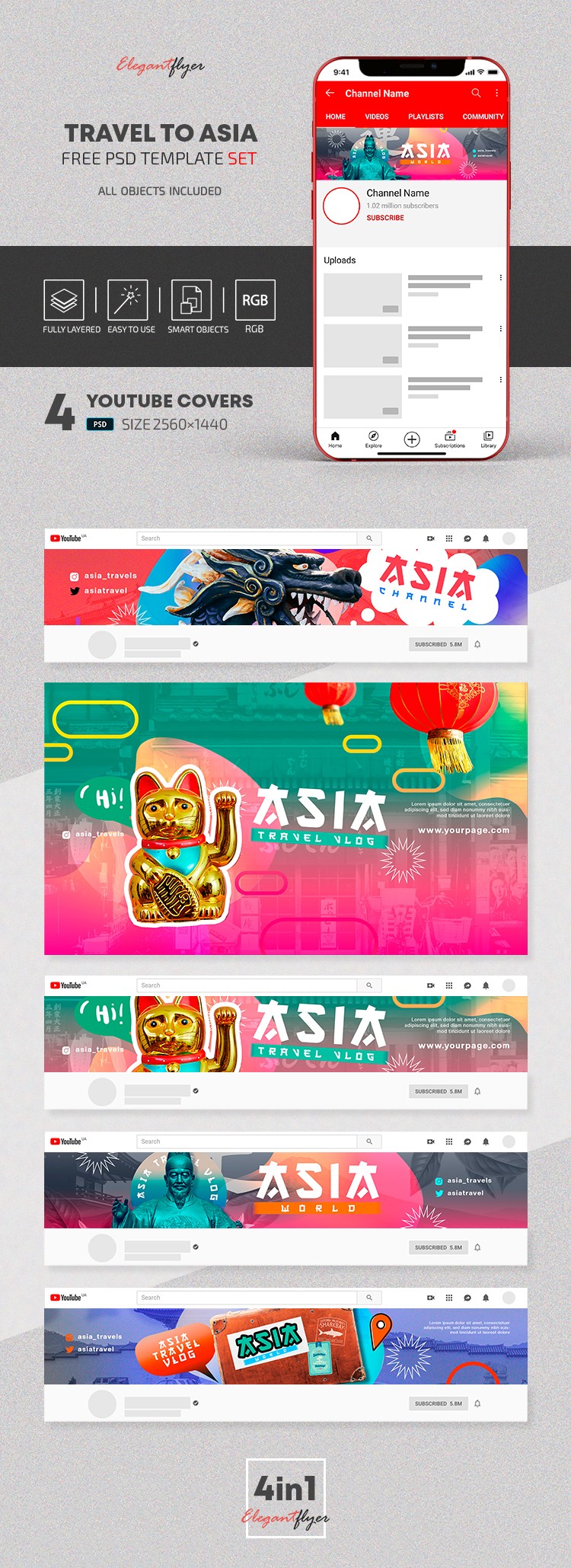 Travel to Asia - Free Youtube Channel Banner PSD Template Set by ElegantFlyer