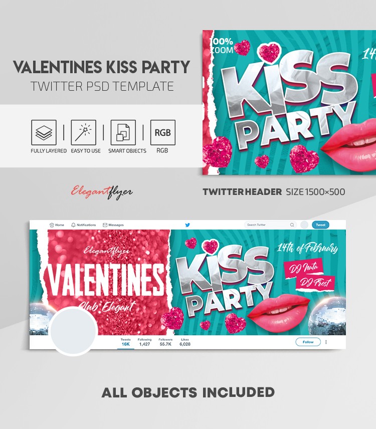 Valentines Kiss Party Twitter by ElegantFlyer