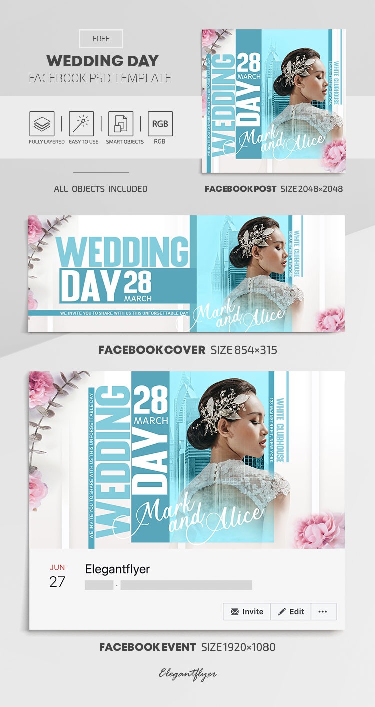 White Floral & Plants Wedding Day Facebook Free Social Media Template PSD