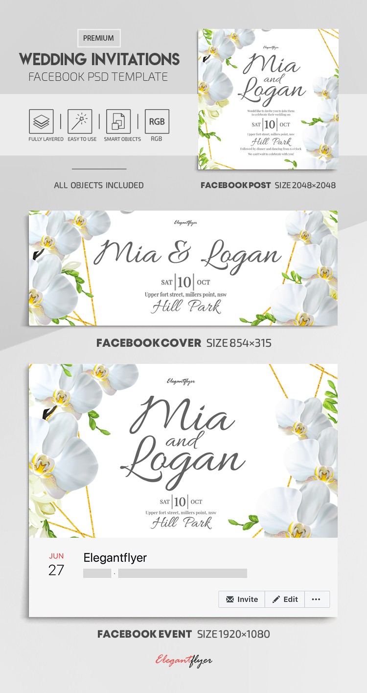 Wedding Invitations Facebook Cover Template in PSD + Post + Event