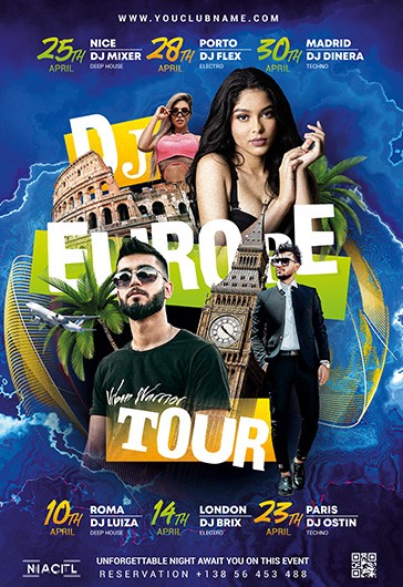 DJ Europe Tour - Modelo de Pôster Premium em PSD - Cartaz de DJ