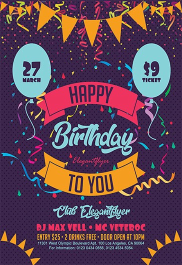 Purple Illustrated Happy Birthday To You Premium Flyer Template Psd 