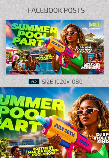 Blue Bright Summer Pool Party Facebook Post Premium Social Media ...
