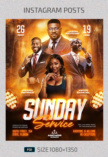Orange Modern Sunday Church Service Instagram Post Premium Social Media ...