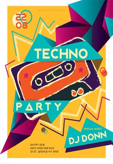 Multicolor Illustrated Techno Party Premium Flyer Template PSD | by ...
