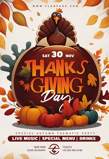 White Illustrated Thanksgiving Day Celebration Premium Flyer Template PSD