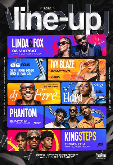 Blue Grunge Weekly Party Lineup Free Flyer Template PSD | by Elegantflyer